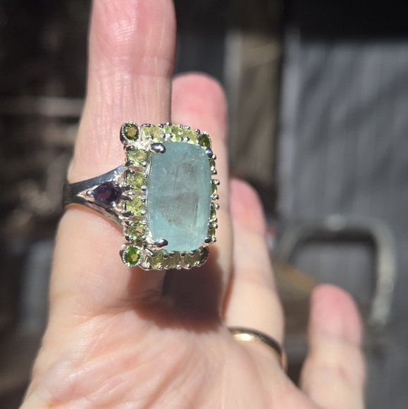 Aquamarine 17k Peridot Chrome Diopside & lolite sterling cocktail ring sz7 - Picture 4 of 11